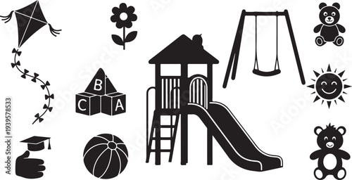 Playground and Childhood Icons in Black and White Silhouette