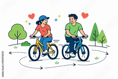 Couple bicycling in park enjoying healthy lifestyle and togetherness activity