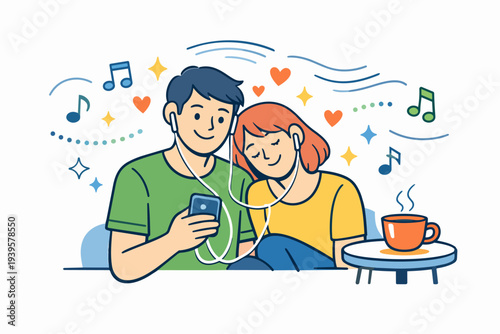 Couple sharing music using earphones, connecting with love and romance illustration