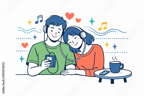 Couple enjoying music together sharing headphones feeling love and relaxation