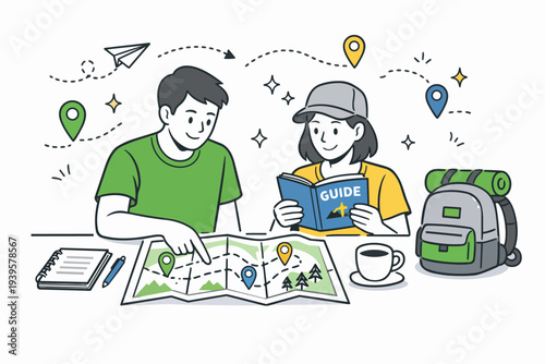 Young couple planning travel, studying map and checking guidebook for adventure