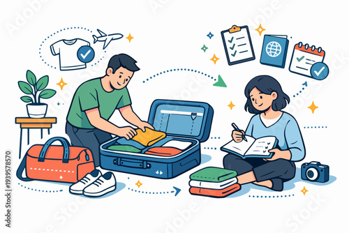 Man packing clothes into suitcase while woman creating travel checklist for trip