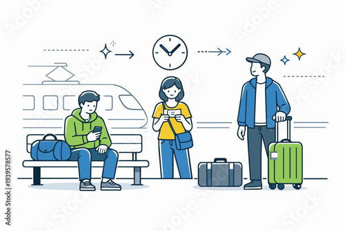 Travelers waiting for train at platform, planning, and preparing for journey