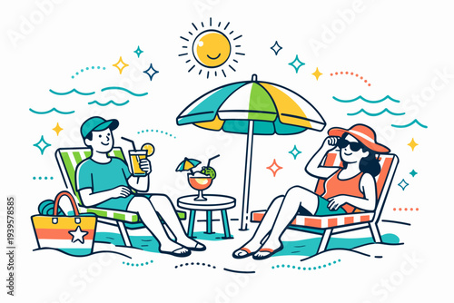 Couple relaxing on beach during summer vacation, enjoying drinks under sun umbrella