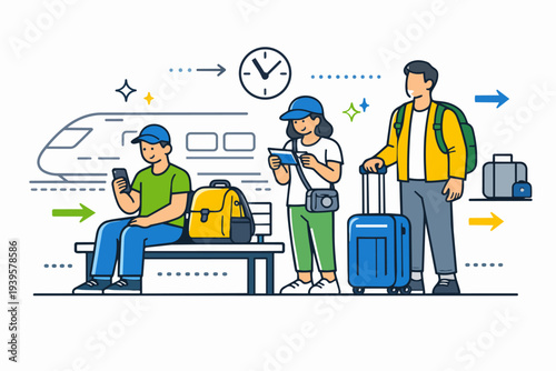 People waiting on train station platform for public transport and travel journey