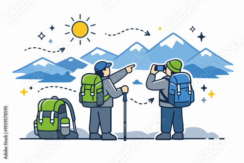 People hiking in mountains, exploring nature and enjoying an outdoor adventure