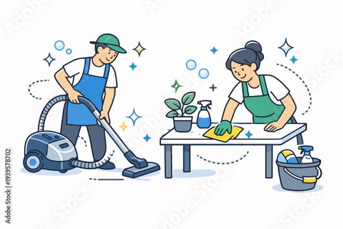Cleaning service professionals working, man vacuuming floor and woman dusting table