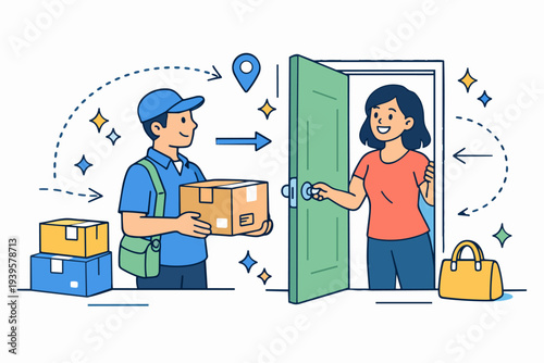Courier delivering package to a woman at her home, illustrating door-to-door delivery