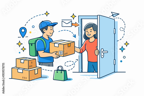Delivery courier handing package to happy customer at door, online shopping service