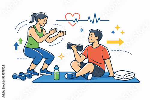 Personal trainer guiding man and woman through fitness workout and healthy lifestyle