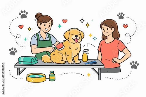 Dog grooming service with groomer brushing golden retriever during pet care routine