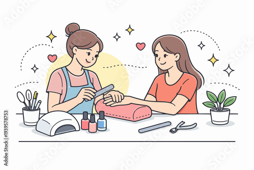 Woman beautician providing manicure service to client in nail salon