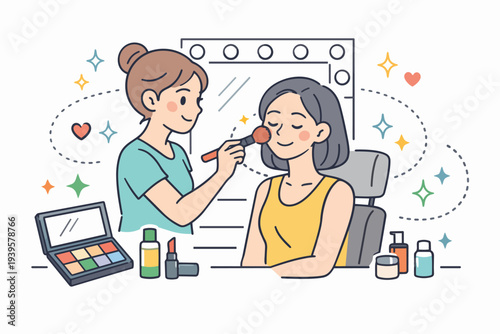 Makeup artist applying blush to a customer in a beauty salon