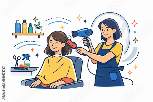 Hairdresser styling client's hair with blow dryer and brush at beauty parlor
