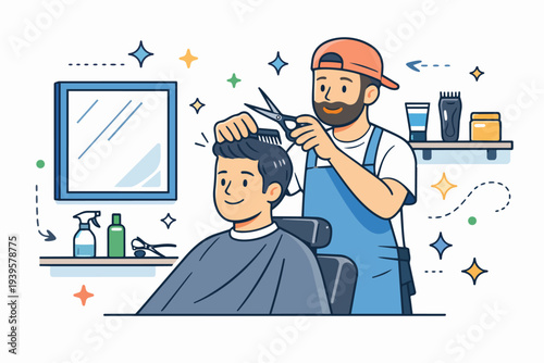 Barber doing haircut for male client in barbershop, grooming men's hair service