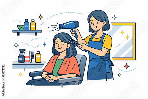 Hairdresser styling woman's hair in a salon, improving beauty and self care