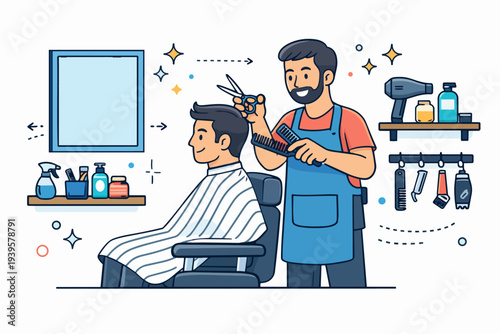 Barber cutting client's hair, providing professional grooming service at salon