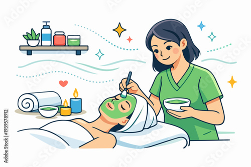 Woman enjoying a spa facial receiving a skincare mask from a beautician