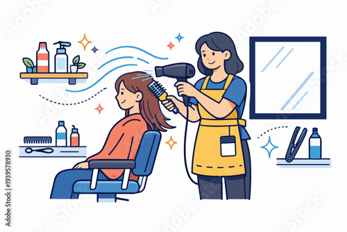 Hairdresser styling woman's long hair at a beauty salon illustration