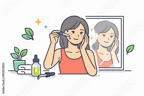 Woman applying face serum for daily skincare routine, reflecting glowing skin in mirror