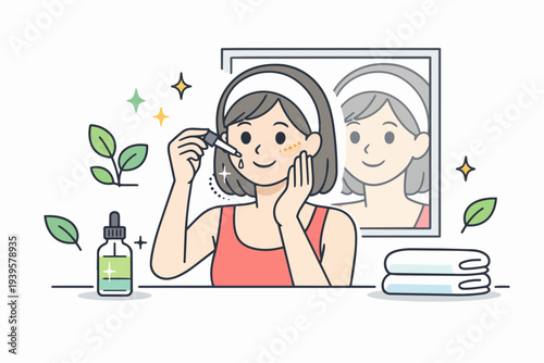 Woman applying natural serum to her face for daily skincare routine at home