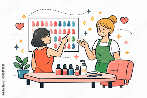 Woman choosing nail polish color at beauty salon, preparing for manicure treatment