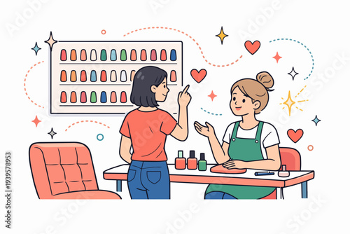 Woman choosing nail polish color at beauty salon enjoying manicure service