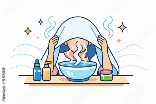 Woman receiving facial steam treatment for skincare and wellness at home