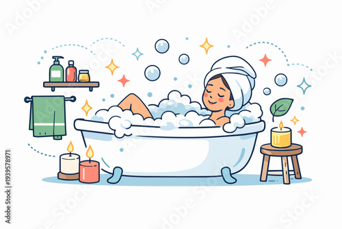 Woman enjoying a relaxing bubble bath with candles for self care and wellness