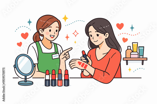 Retail assistant helping woman customer trying lipstick swatches in beauty store