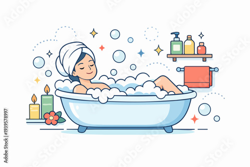 Woman enjoying a bubble bath at home, finding relaxation and self-care