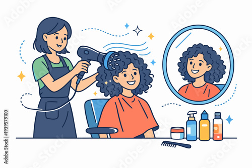 Hairdresser using hair dryer with diffuser on happy client's curly hair in beauty salon