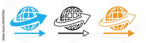 Globe icons with arrows in blue black and orange