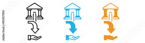 Bank to hand money transfer icons in black blue and orange