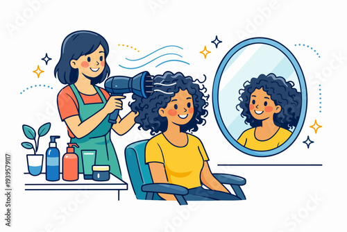 Hairdresser drying client's curly hair in salon, reflecting in mirror