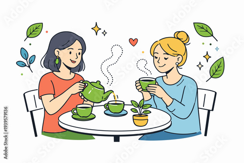 Women friends enjoying tea time together, sharing conversation and relaxation
