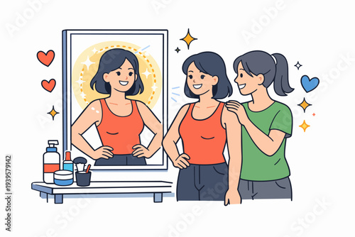 Woman finding self-confidence and body positivity looking in mirror with friend's support