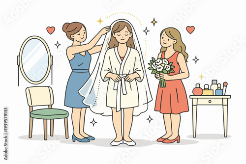 Bride getting ready with bridesmaids, preparing for her wedding day ceremony
