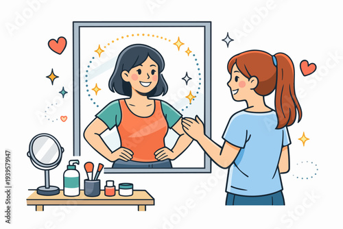 Woman seeing confident self reflection in mirror embracing body positivity