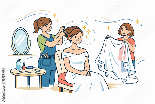 Bride getting ready for wedding, hairstylist styling hair and friend holding dress