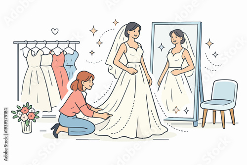 Woman trying on wedding gown with help of a tailor, preparing for marriage