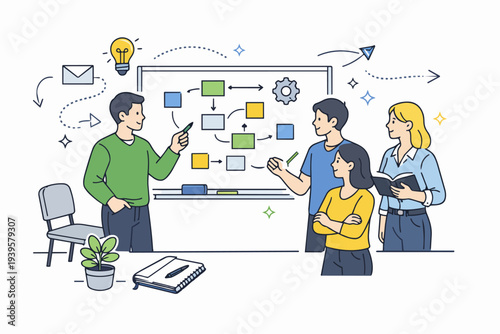 Team collaborating on project management, developing strategy and brainstorming ideas