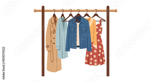 Stylish Women's Wardrobe Collection on Clothing Rack - Fashion Apparel Display with Jackets, Dresses & Sweaters