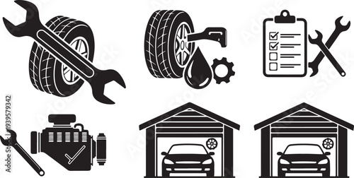 Car Garage Service Icons with Tools and Vehicles Inside
