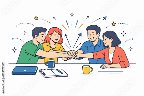 Business team stacking hands demonstrating unity, collaboration, and teamwork for success