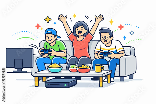 Friends playing video games and celebrating a win at a party