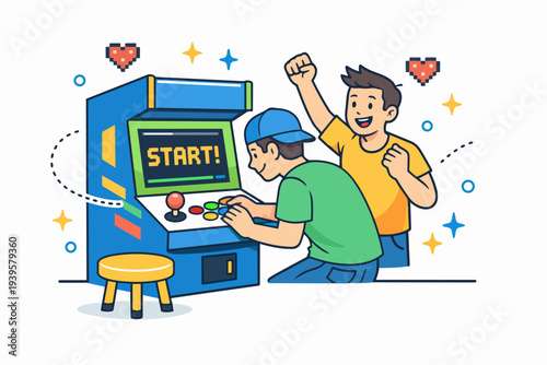 Friends playing vintage arcade game, enjoying retro gaming and competition