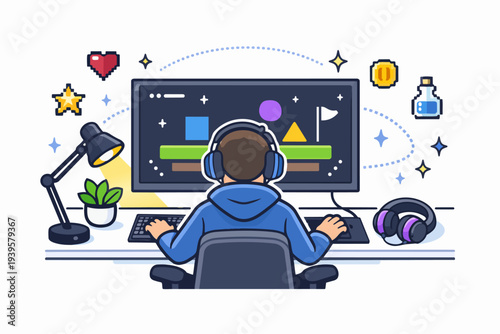 Person playing video games online on a computer setup at desk at home