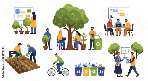 Sustainable Living and Environmental Protection Illustration Set: People Engaged in Eco-Friendly Activities, Recycling, Planting & Community Projects