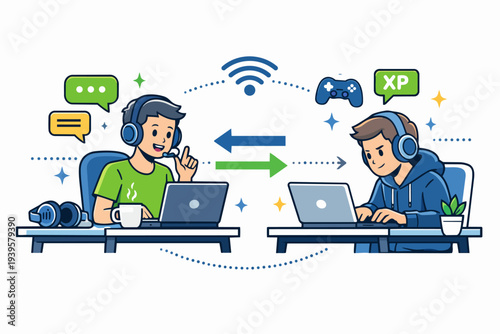 Gamers communicating and interacting online using headsets and laptops